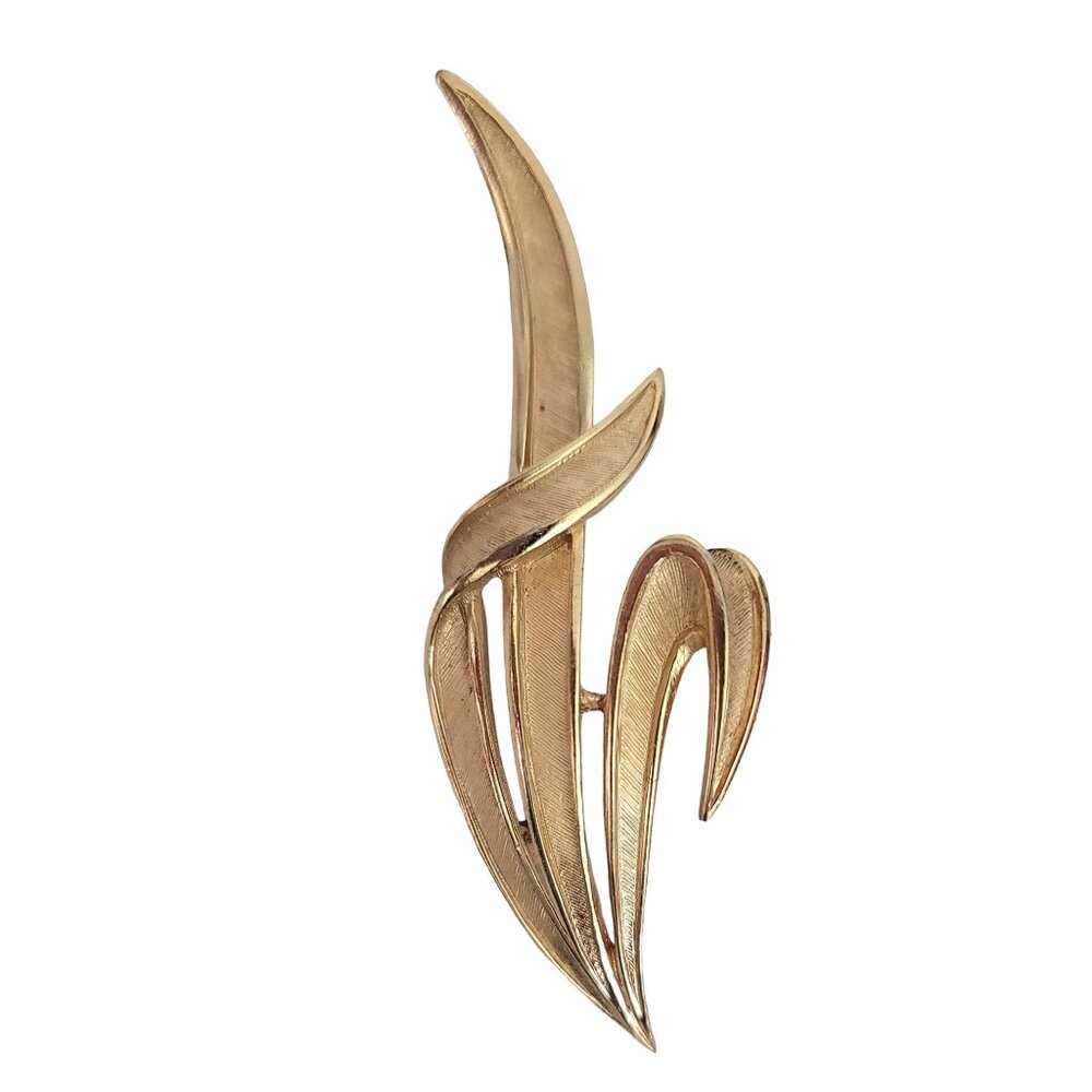 Trifari Crown Over T Gold Tone Tall Leaf Brooch, Signed M227